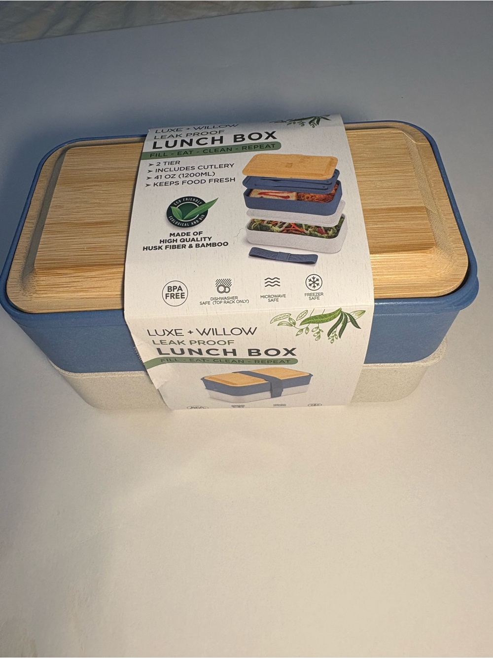 NWT Lunch Box Bento 2 Tier Leak Proof Cutlery Blue White Nesting Bamboo Lid